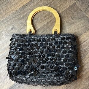 Black Big Sequence  & Wood Handles Bag